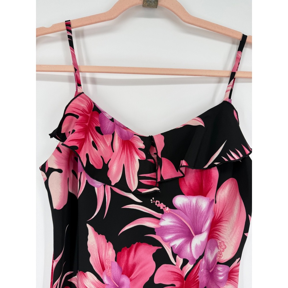 Mlle Gabrielle Floral Slip Dress Womens 10P Black Pink Tropical Ruffle Petite - Picture 2 of 7